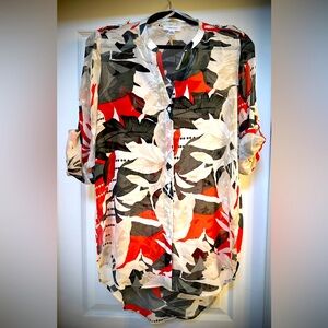 Calvin Klein 3/4 sleeve Red and Beige Floral Collarless tunic.